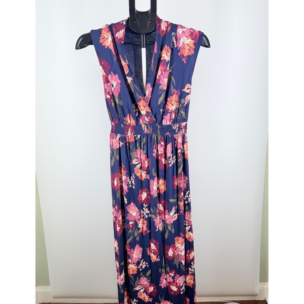 Isabel Maternity Navy Blue Floral High Low Maxi Dress Smocked Waist Sleeveless S